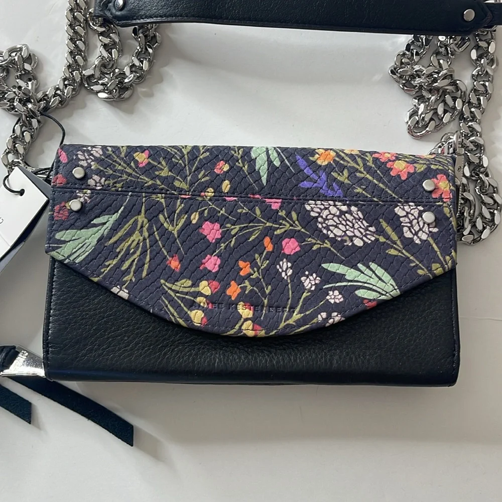Aimee Kestenberg Delancey Wallet on a Chain Black Floral Leather Silver